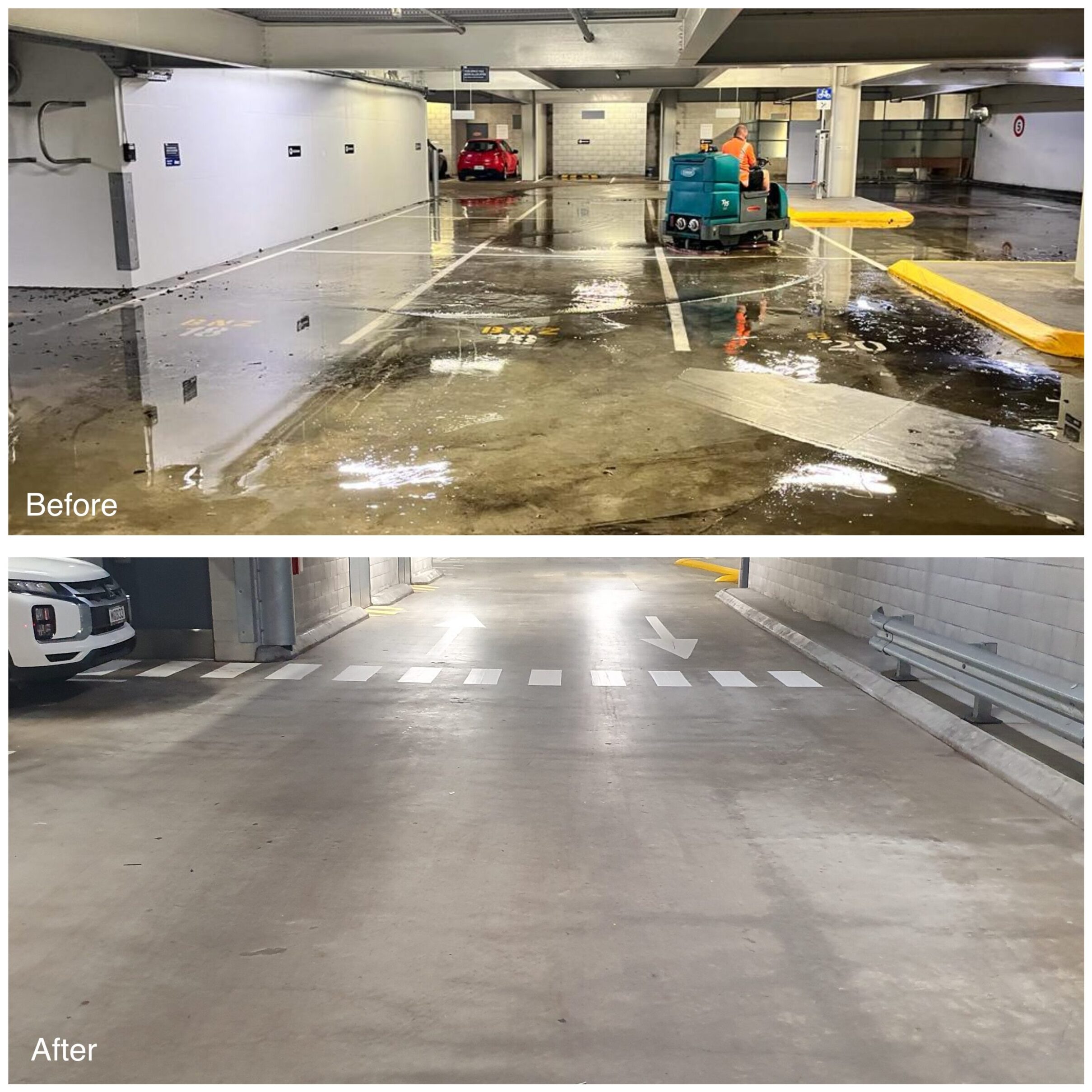 'Before' and 'after' pictures of a flooded carpark that has been cleaned